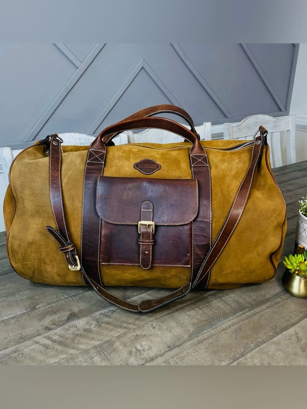 VTG Geno D'Lucca Large Suede Leather Duffle Bag Travel Weekender Luggage Brown